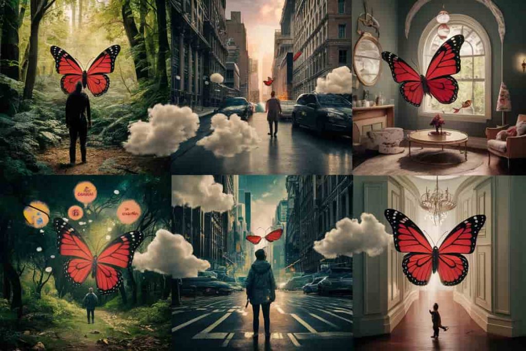 Multiple scenes of a person encountering red butterflies in different settings, with thought bubbles showing various interpretations and emotions.