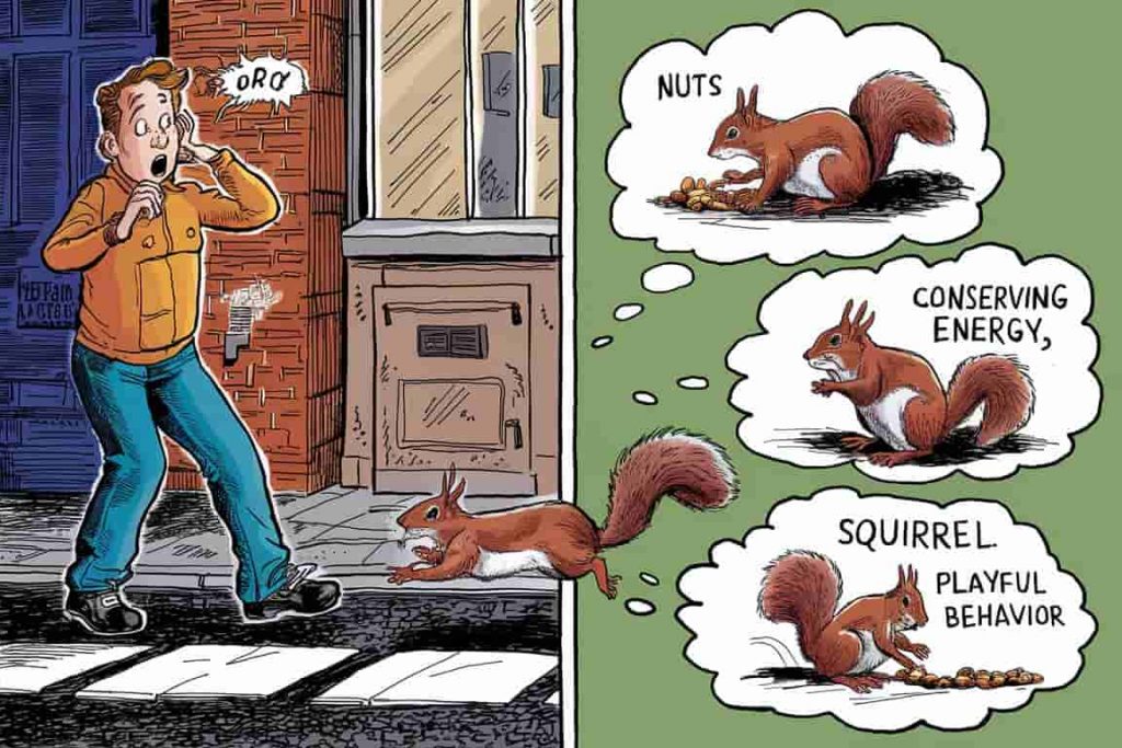 Illustration showing different ways to interpret a squirrel crossing one's path, with symbolic representations of meanings.