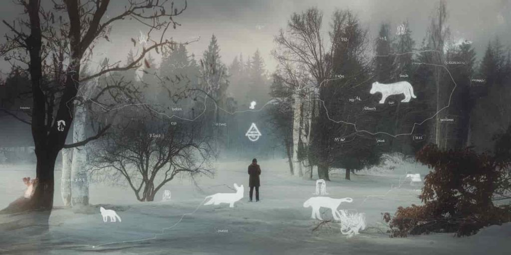 Mystical winter forest with hidden symbols and a person interpreting nature's signs