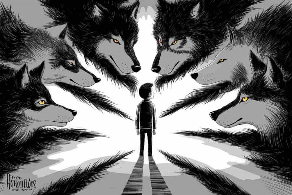 Person at a crossroads with wolf silhouettes representing different life paths