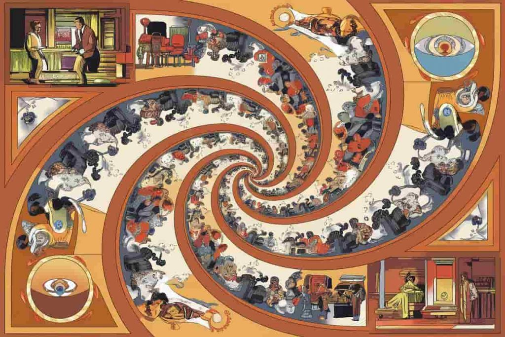 Circular mandala design with a robbery scene at the center, spiraling into past, present, and future karmic lessons and growth.
