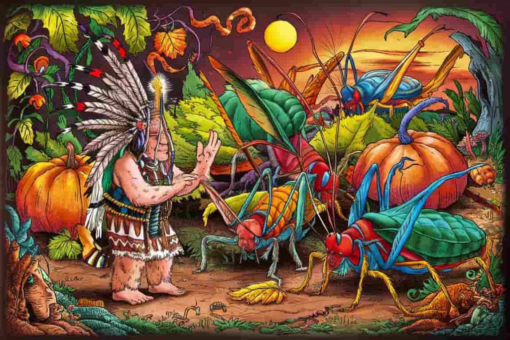 Cartoon of a shaman communing with katydids in a natural setting