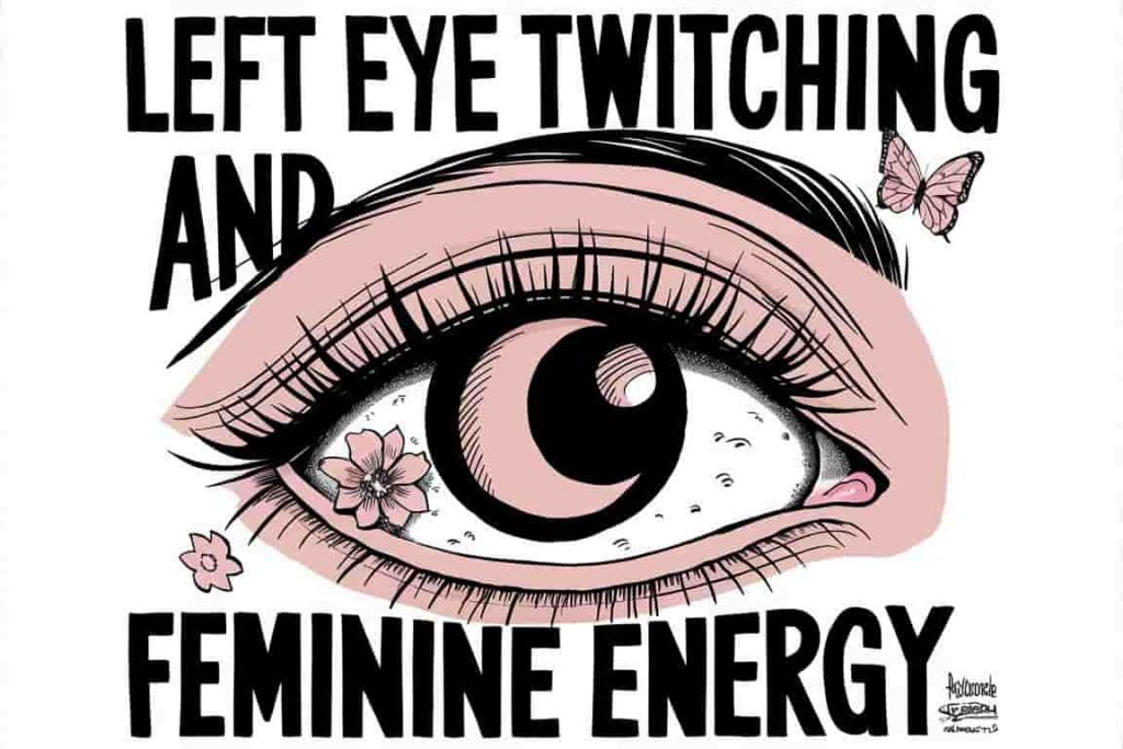 A cartoon graphic of an eye with symbols representing lunar cycles and feminine energy.