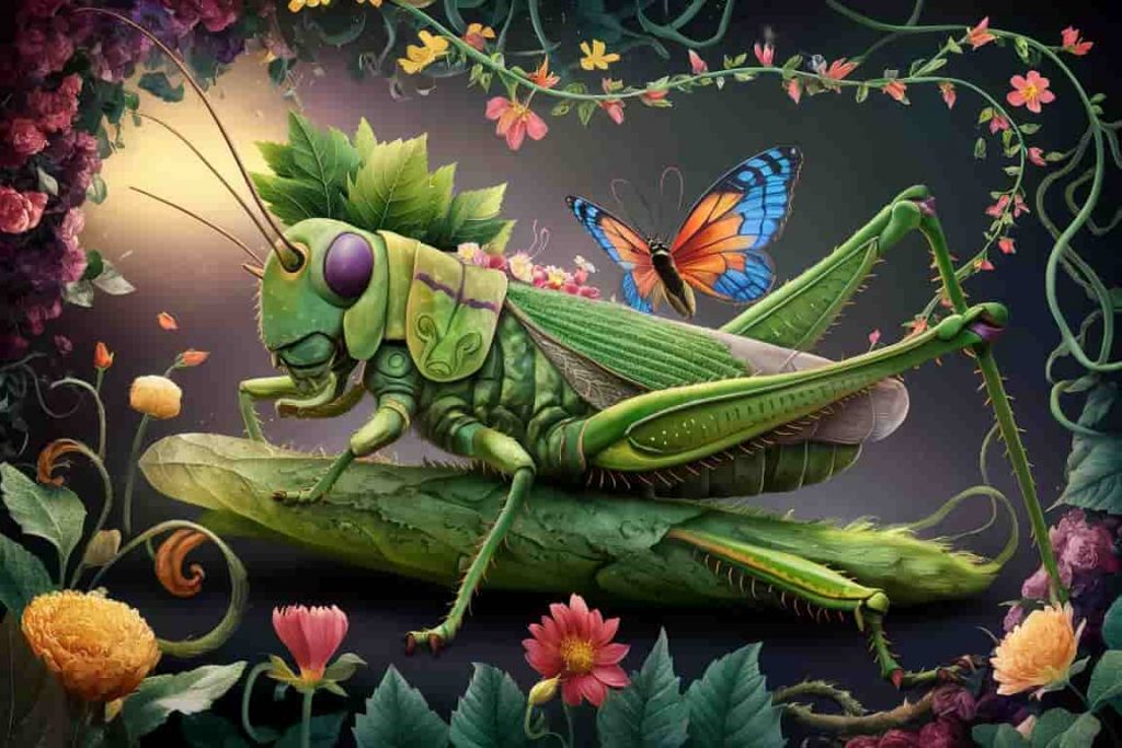 Ethereal image of a locust as a spirit animal, surrounded by symbols of resilience, community, and transformation
