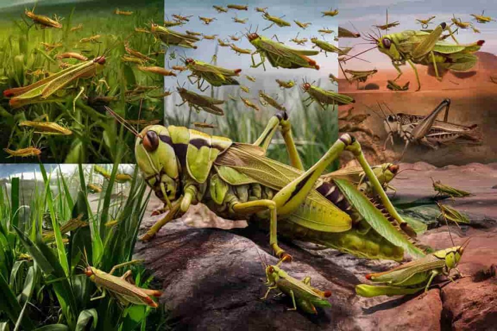 Illustration of locust behaviors demonstrating unity, adaptability, transformation, and persistence