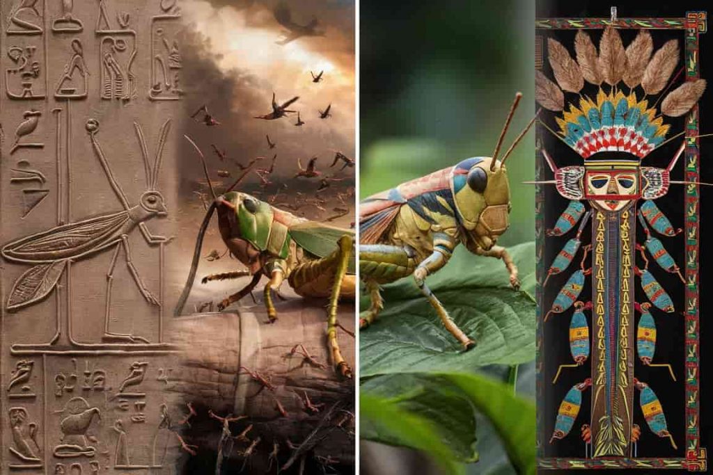 Four-panel image depicting locust symbolism in Egyptian, Biblical, Native American, and Eastern cultures