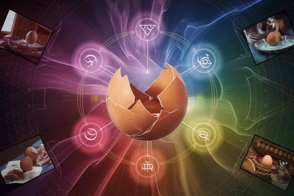 Abstract composition with a central broken egg surrounded by energy auras, chakra colors, and sacred geometry, with ritual vignettes in the corners.