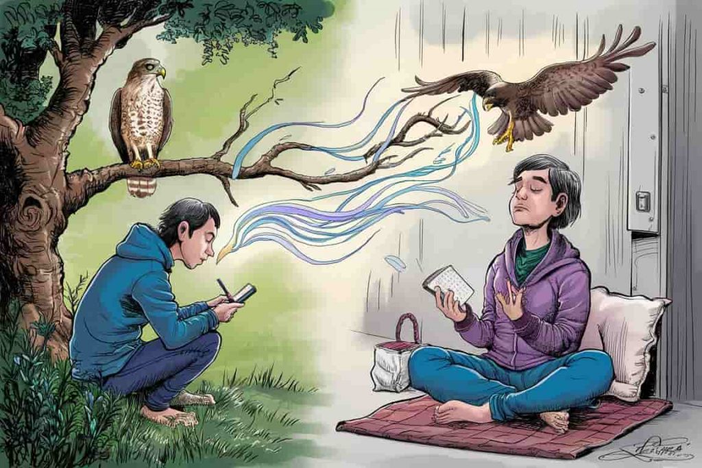 Cartoon illustrating mindful observation and integration of hawk sightings in daily life
