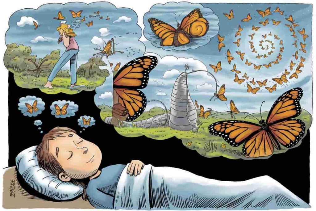 Surreal dreamscape with oversized monarch butterflies in various symbolic scenarios