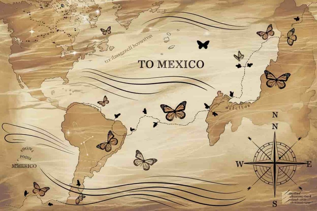 Artistic map of monarch butterfly migration route with spiritual and navigational symbols