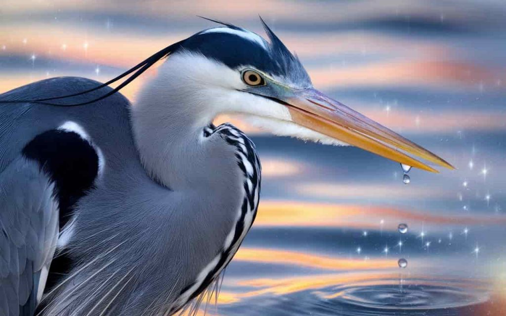 Close-up of a grey heron's head exhibiting sharp features and intense eyes, with glistening water droplets symbolizing clarity and spiritual purity, set against a backdrop of vibrant sunset reflections that highlight its connection to both water and sky.