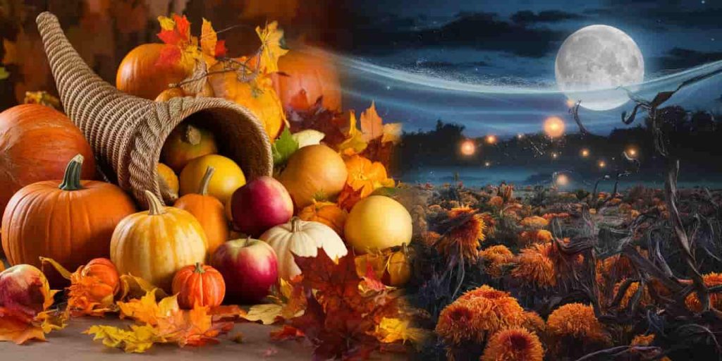  A split image showing a harvest scene with cornucopia and a mystical night scene with a thin veil between realms, representing November's spiritual symbolism.