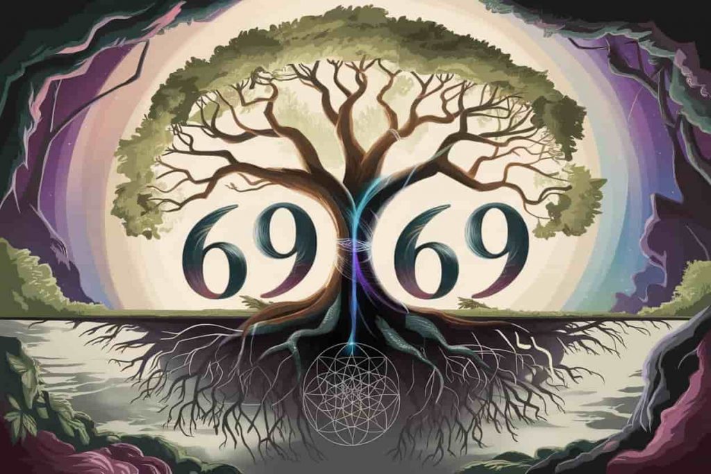 Mystical tree with branches forming 6969, roots as numerical sequences, and sacred geometry background