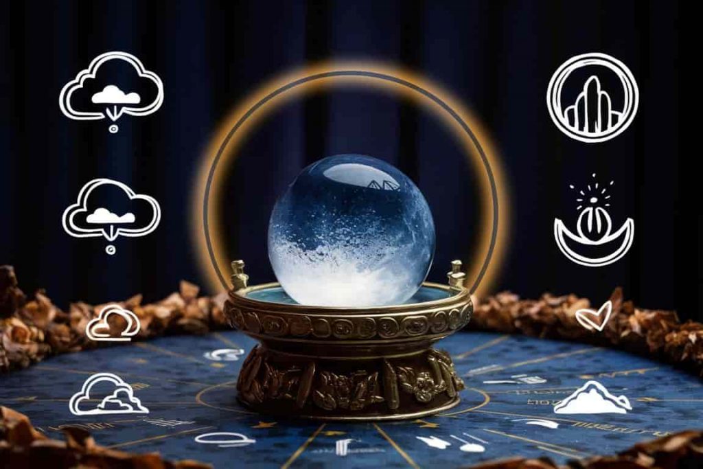 A fortune-teller's table with a crystal ball showing a moon halo, surrounded by symbols of prophecy and omens.