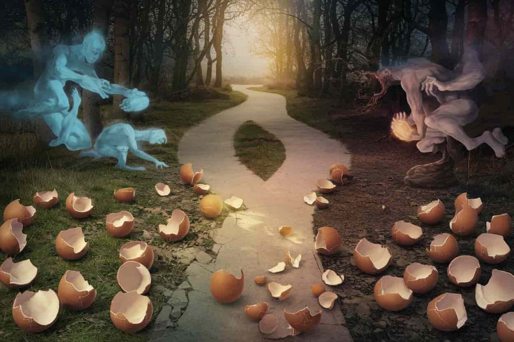 Mystical forest with a forking path, showing contrasting positive and negative interpretations of broken eggs through glowing and dark eggshells.