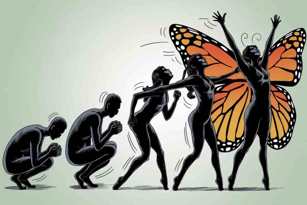 Silhouette series showing human transformation inspired by butterfly metamorphosis