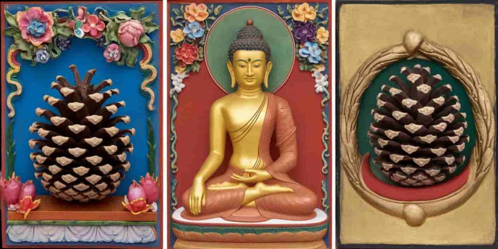Triptych of pine cone symbolism in Hindu, Buddhist, and Greco-Roman traditions, showcasing cultural artwork and symbols.