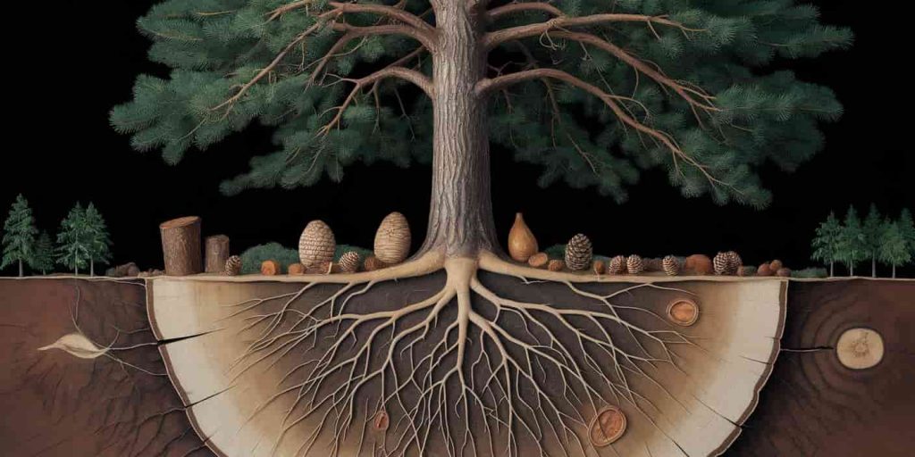 cross-section of a pine tree highlighting the spiritual significance of its various parts.
