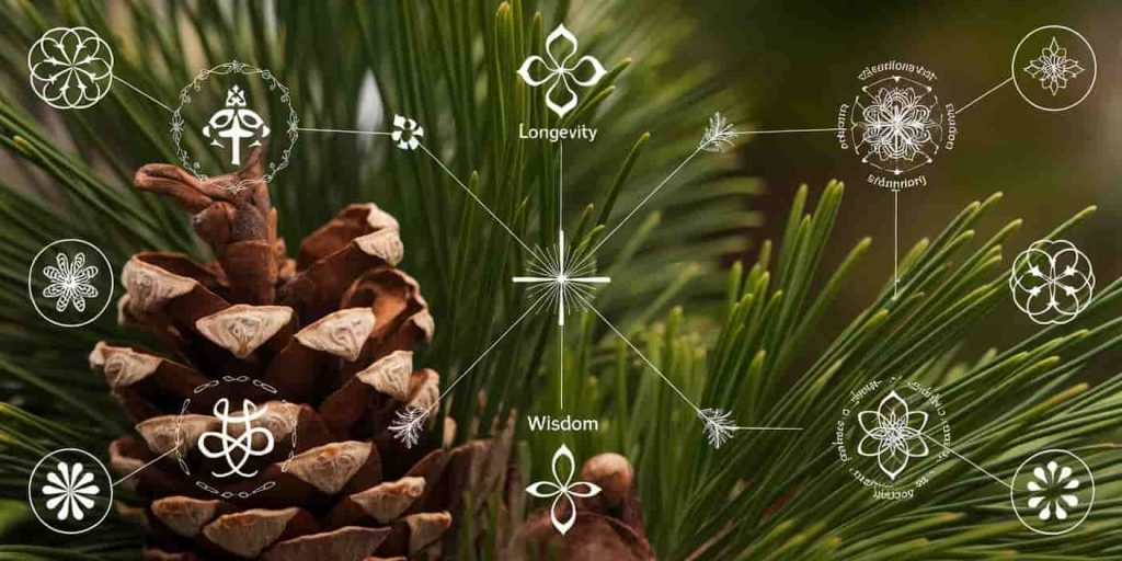 Close-up of pine needles and cones with subtle spiritual symbols representing longevity, wisdom, and resilience.