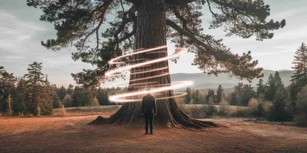 Silhouette of a person merging with a pine tree trunk, connected by spiraling energy to the tree's branches and roots.