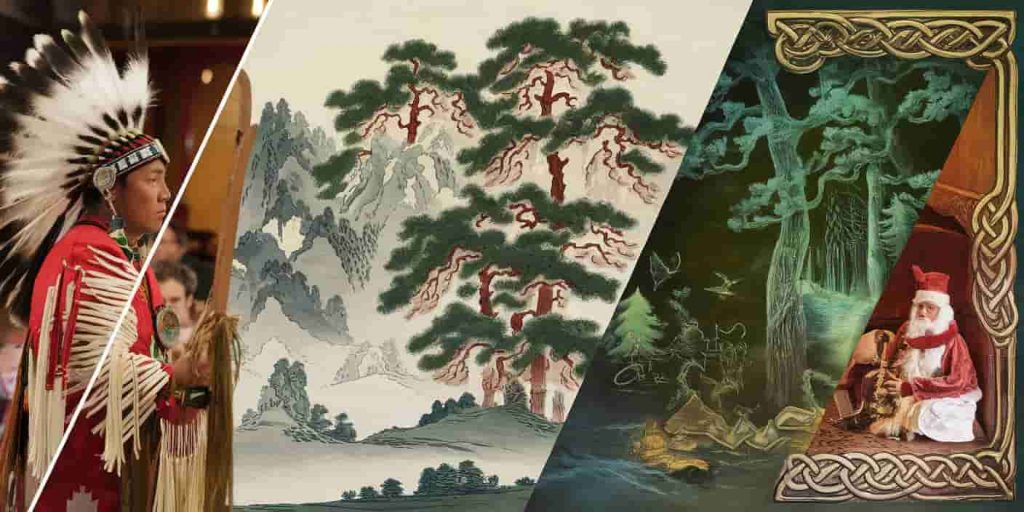 Collage of pine trees in various cultural and spiritual contexts, including Native American, Taoist, Celtic, and Christian traditions.