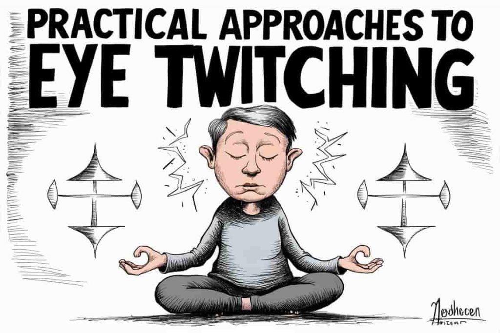 A cartoon depicting a person meditating with a calm expression, surrounded by balanced energy symbols, representing practical approaches to eye twitching.