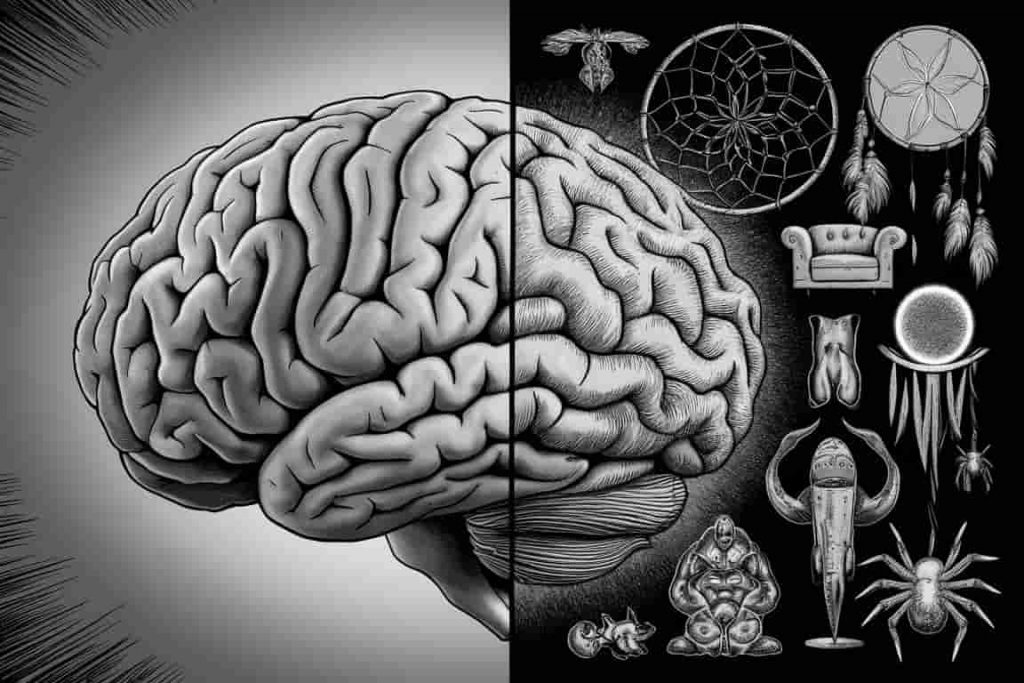 Split image of a brain and psychological symbols in grayscale