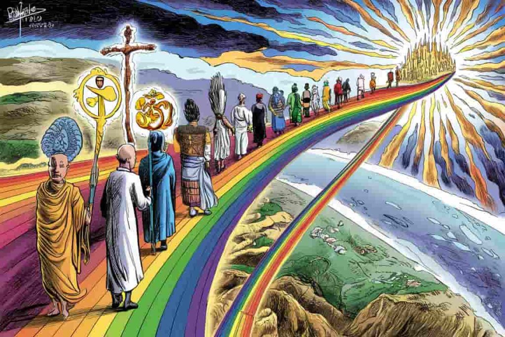 Illustration of a rainbow serving as a bridge between the physical and spiritual worlds, symbolizing its universal spiritual significance.