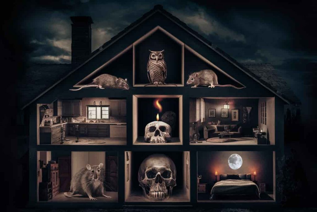 Cutaway house view showing rats in attic, basement, kitchen, and bedroom with spiritual symbols for each area