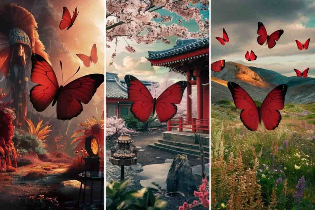A triptych showing red butterflies in Native American, Eastern, and Western traditional settings, each panel representing unique cultural 