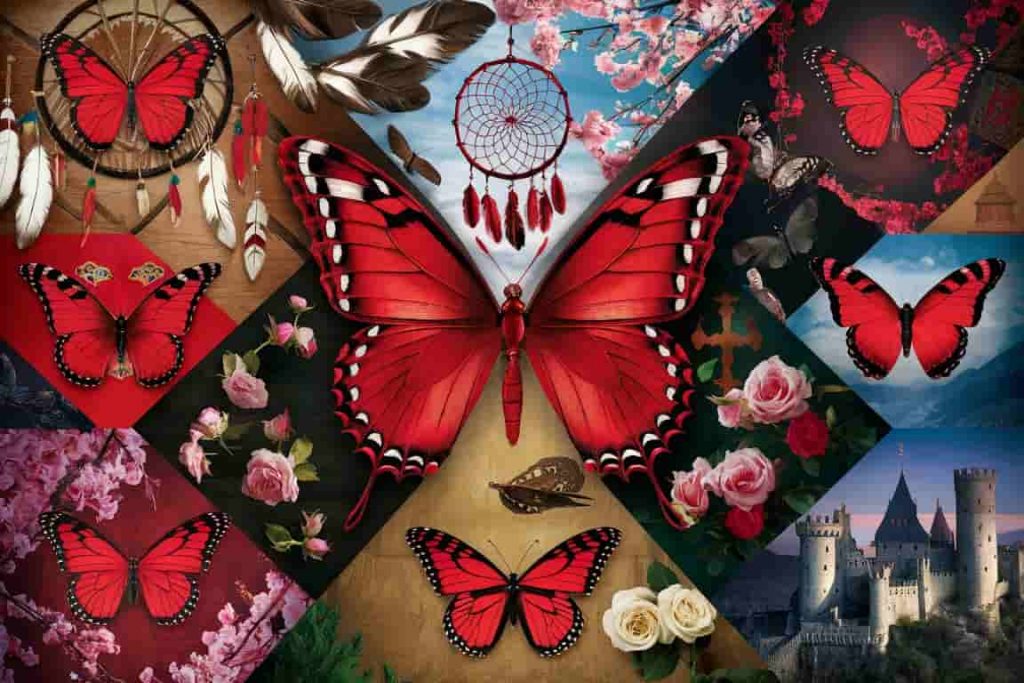 A collage of red butterflies surrounded by diverse cultural symbols representing Native American, Eastern, and Western interpretations.