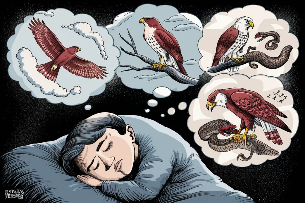 Cartoon of a sleeping person dreaming about various red hawk scenarios and their meanings