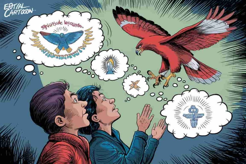 Cartoon of a person experiencing a spiritual encounter with a circling red hawk
Title: Spiritual Significance of Red Hawk Sightings