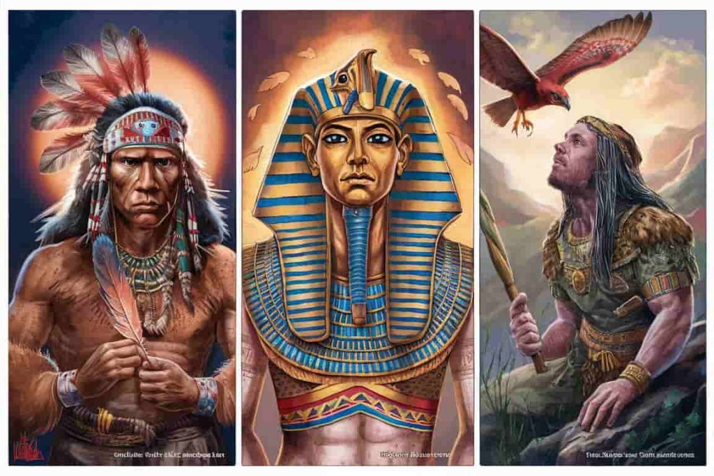 Cartoon triptych showing red hawk symbolism in Native American, Egyptian, and Celtic cultures