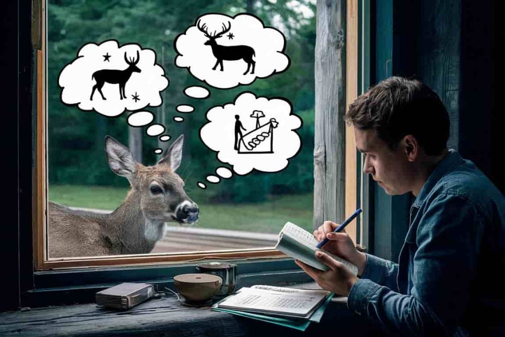 Cartoon of person journaling after deer encounter with symbols of personal growth