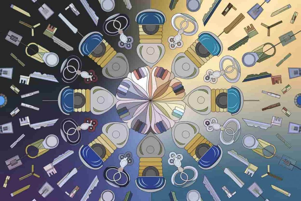Mandala-like circular pattern of commonly lost items, with some repeating, transitioning from chaotic to orderly background.