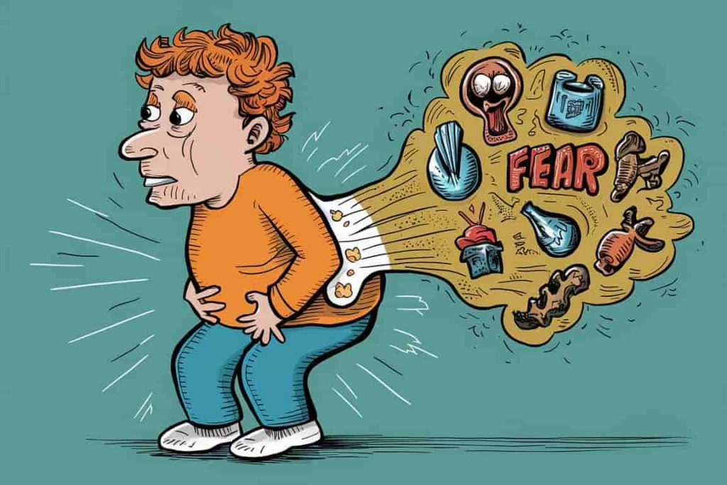 Cartoon of person releasing emotional symbols, representing spiritual and emotional causes of diarrhea