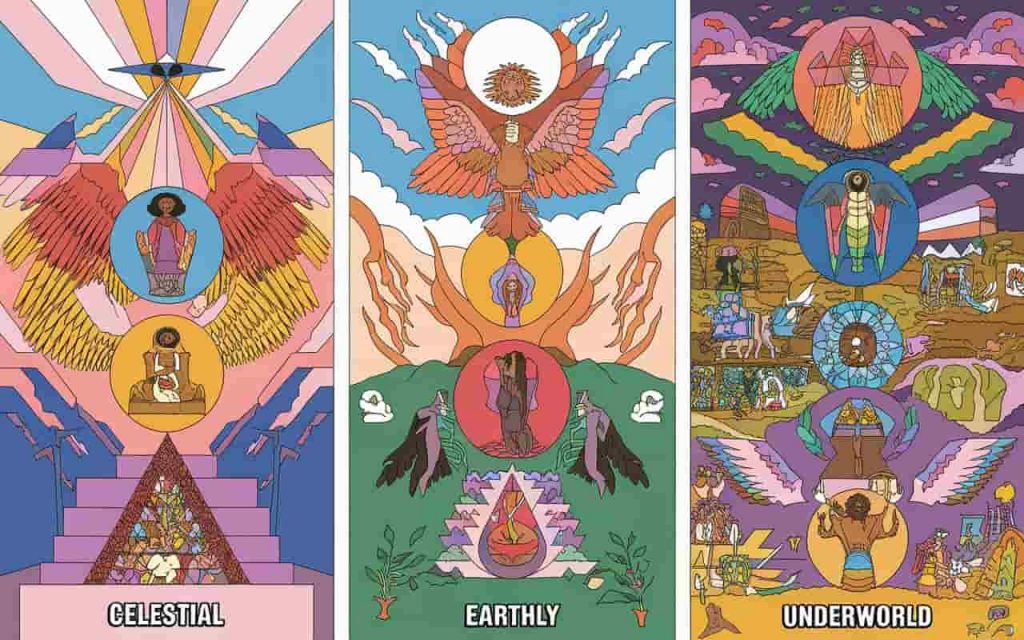 Triptych illustration of three interconnected realms representing the spiritual essence of number 3