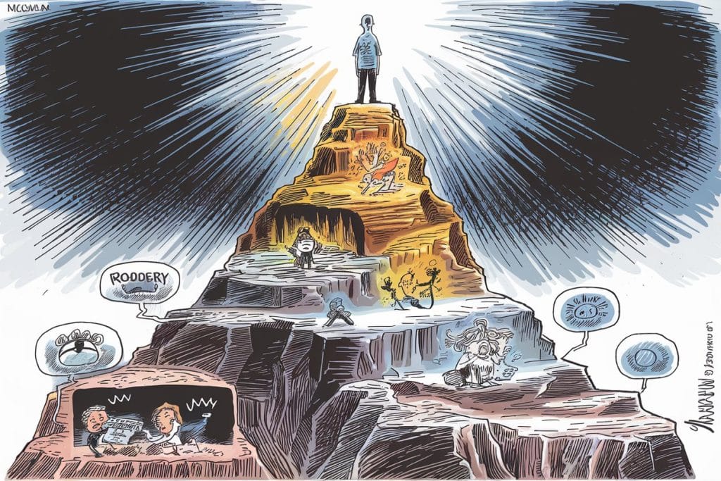 Person climbing a mountain of experiences, transforming from robbery at the base to spiritual wisdom at the peak, surrounded by a growing aura.