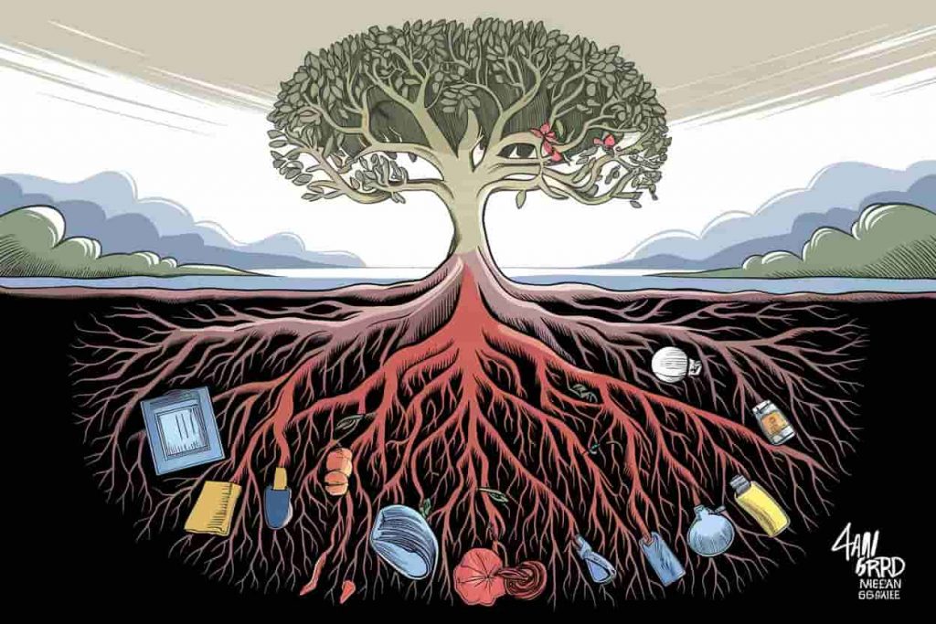 Tree with roots ending in lost items and branches transforming into symbols of personal growth and spiritual enlightenment.