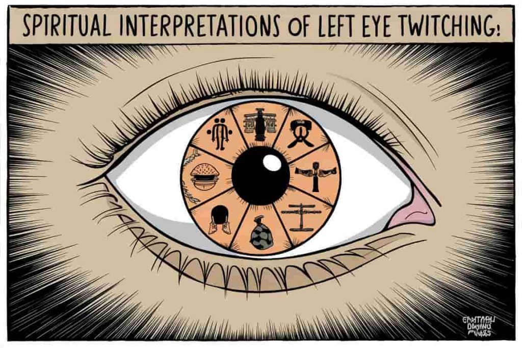 A cartoon graphic of an eye surrounded by cultural symbols representing various spiritual interpretations.