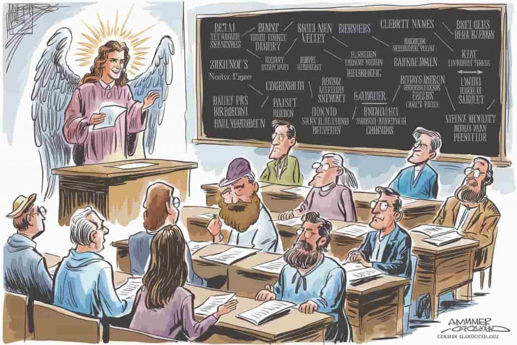 Divine teacher instructing diverse group on spiritual lessons from celebrity dreams