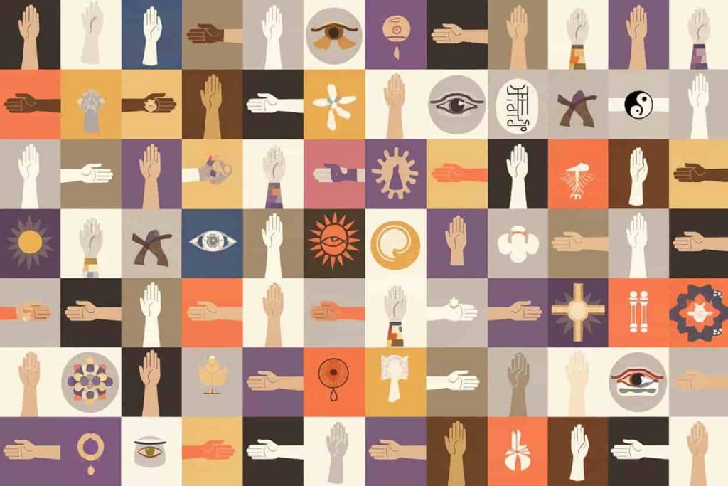 Mosaic of arms in various positions with spiritual symbols representing different cultural interpretations