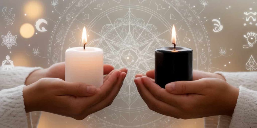 Hands holding white and black candles against a background of ethereal light and faint spiritual symbols, representing the diverse meanings of candle colors.