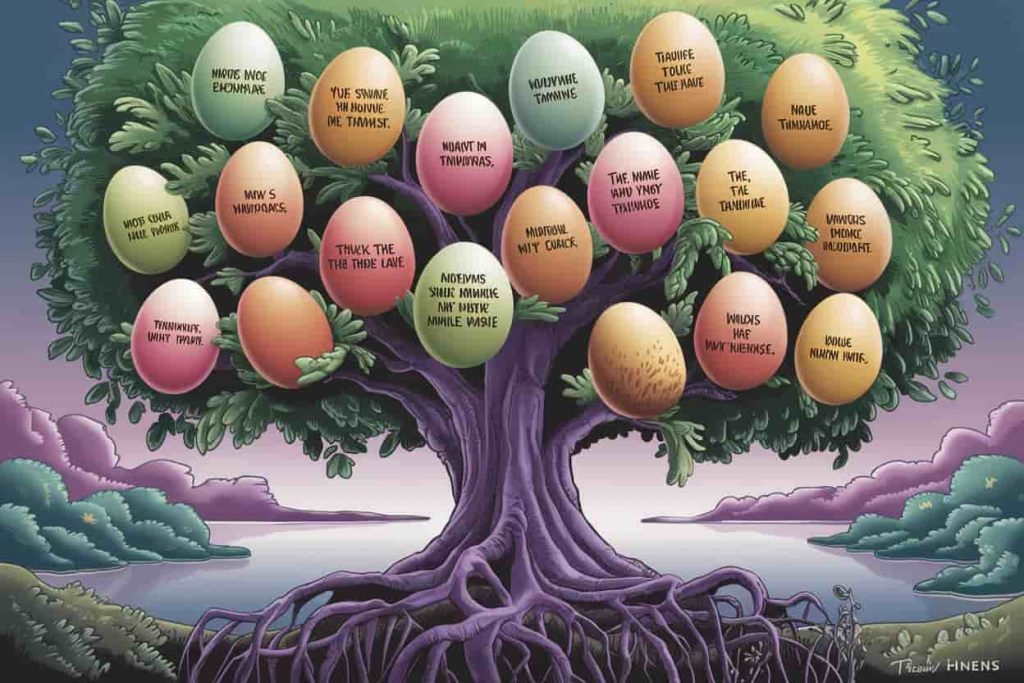 Mystical tree with egg-shaped fruits containing spiritual messages, rooted in a dreamy landscape.