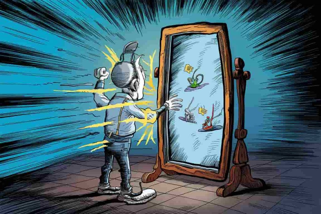 Cartoon of mirror as energy amplifier and dimensional portal