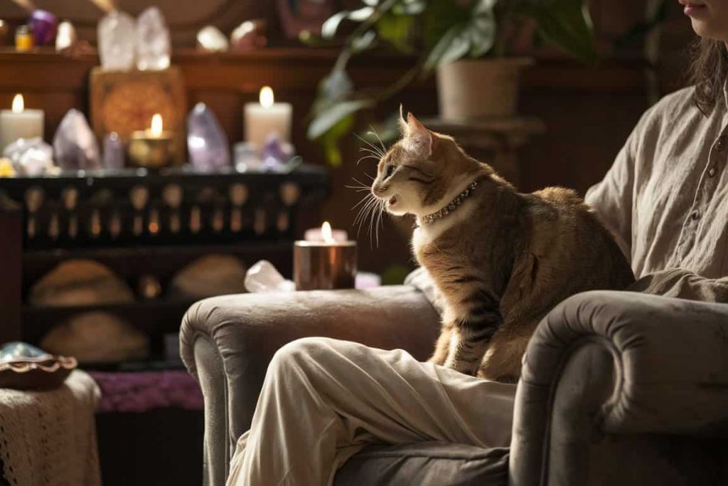 Person listening attentively to a cat in a room with spiritual items, representing mindful interaction with feline vocalizations.