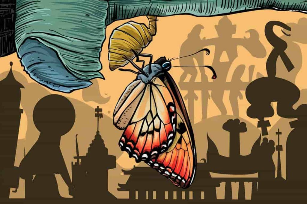  Cartoon illustration showing a butterfly's transformation, symbolizing spiritual growth and rebirth, with cultural symbols in the background representing universal butterfly symbolism.
