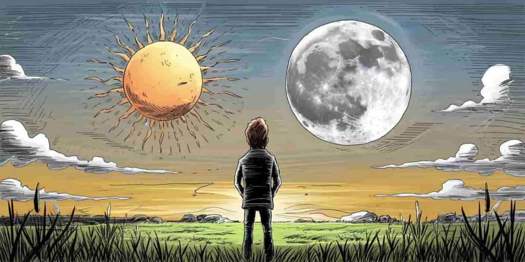 Person contemplating the daytime sky with visible sun and moon