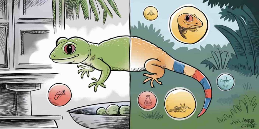 Split image of a glowing gecko in home and natural settings, surrounded by floating symbols representing various spiritual messages and encounters.